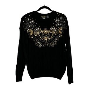 Trimmings Vintage Black Beaded Sequin Sweater Gold Silver Embellished Knit Large